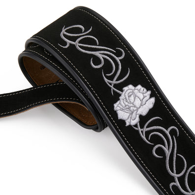 Amumu Suede Leather Flower Embroidered Guitar Strap -LE07-BK